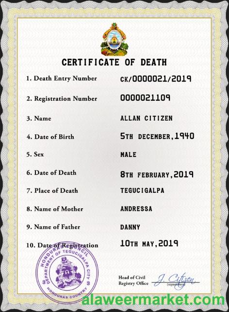 Honduras death certificate PSD template